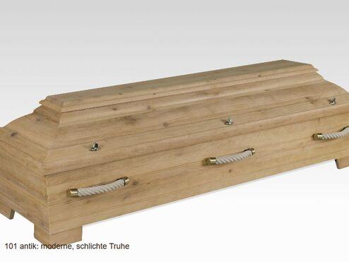 Holztruhen mit einem schlichten Design und Seilgriffen, auf einem grauen Hintergrund abgebildet.