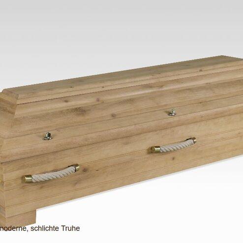 Holztruhen mit einem schlichten Design und Seilgriffen, auf einem grauen Hintergrund abgebildet.