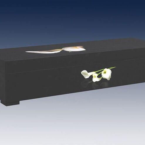 Schwarze, elegante Urne mit weißen Lilienblüten, auf einem neutralen Hintergrund.