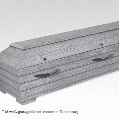 Modern grauer Tannensarg mit gebürsteter Oberfläche und seitlichen Griffen.
