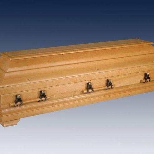 Holzsarg mit abgerundeter Oberseite und mehreren Verschlüssen auf einem einfarbigen Hintergrund.