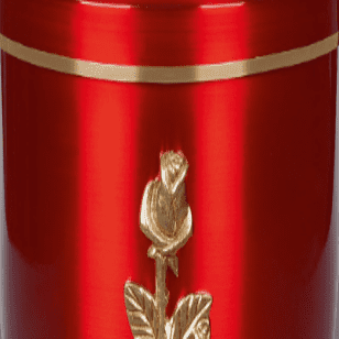 Rote Urne mit goldener Rosenverzierung und einem schmalen goldenen Rand.