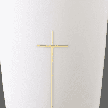 Weiße Vase mit goldenem Kreuz-Symbol in der Mitte auf grauem Hintergrund.