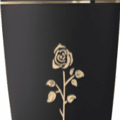 Schwarze Vase mit goldener Rosenprägung und goldfarbenem Rand oben.