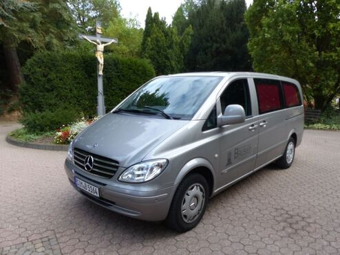 Silberner Mercedes-Van steht auf einem gepflasterten Weg vor einer Kreuzigungsstatue und grüner Vegetation.