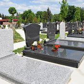 Friedhof mit verschiedenen Grabsteinen, Blumen und einer gepflegten Rasenfläche im Hintergrund.