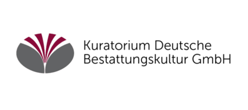 Logo mit stilisierter Blüte in Grau und Rot auf weißem Hintergrund.